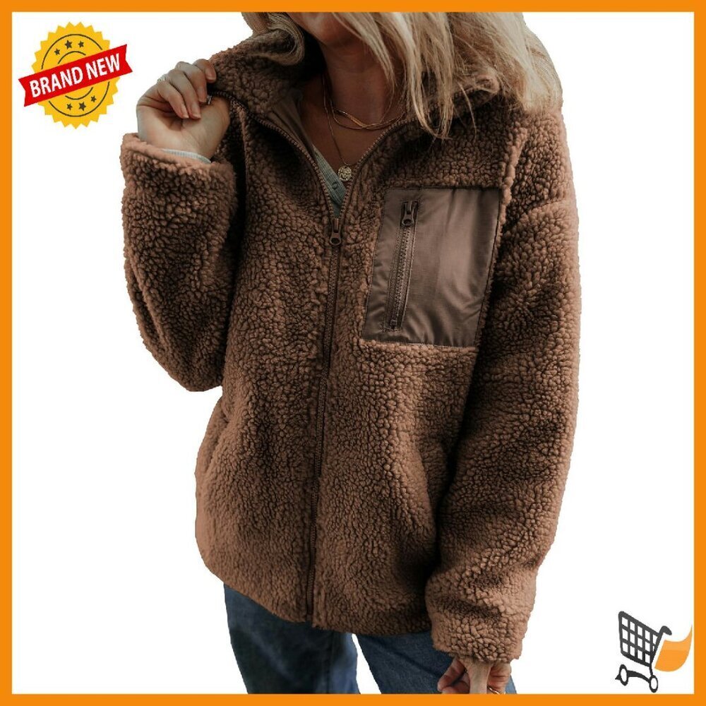 Women's Fleece Teddy Jacket Full Zip Relaxed Fit Winter Coat with Pockets